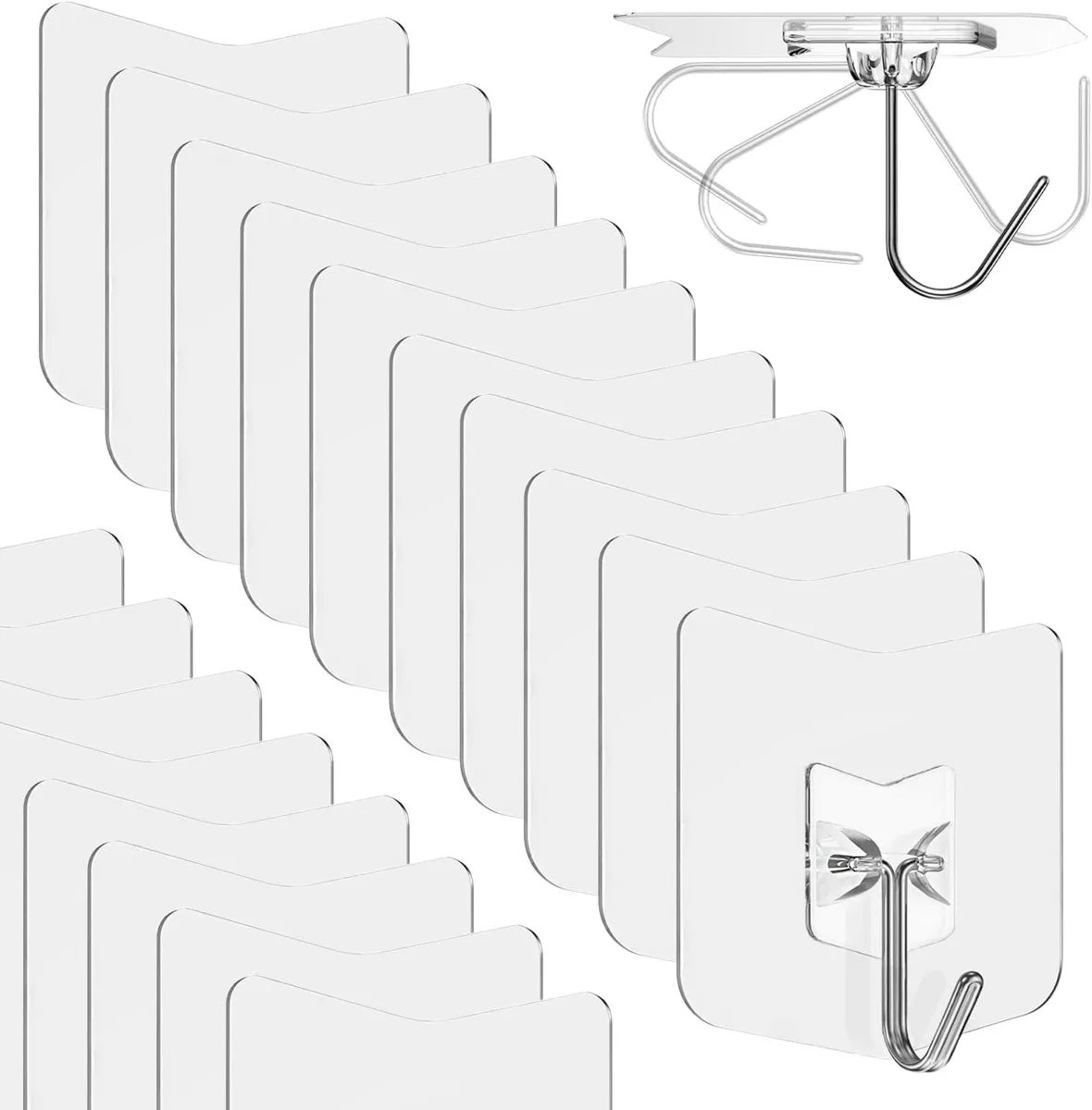 Clear adhesive wall hooks, 12 pack, transparent finish