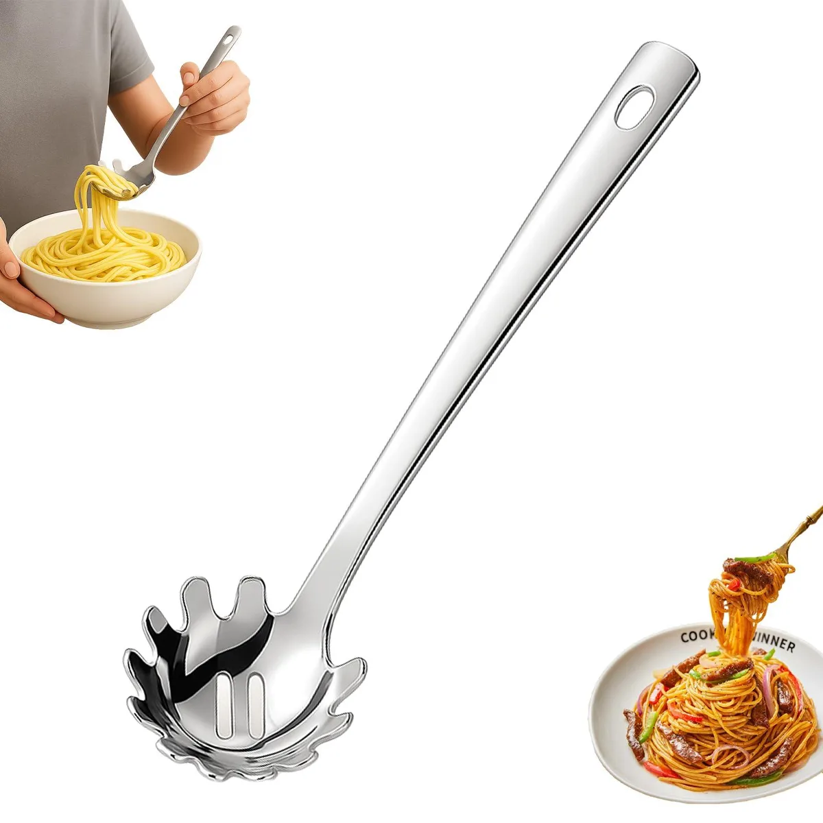 Silver stainless steel pasta spoon with serrated head and drain holes