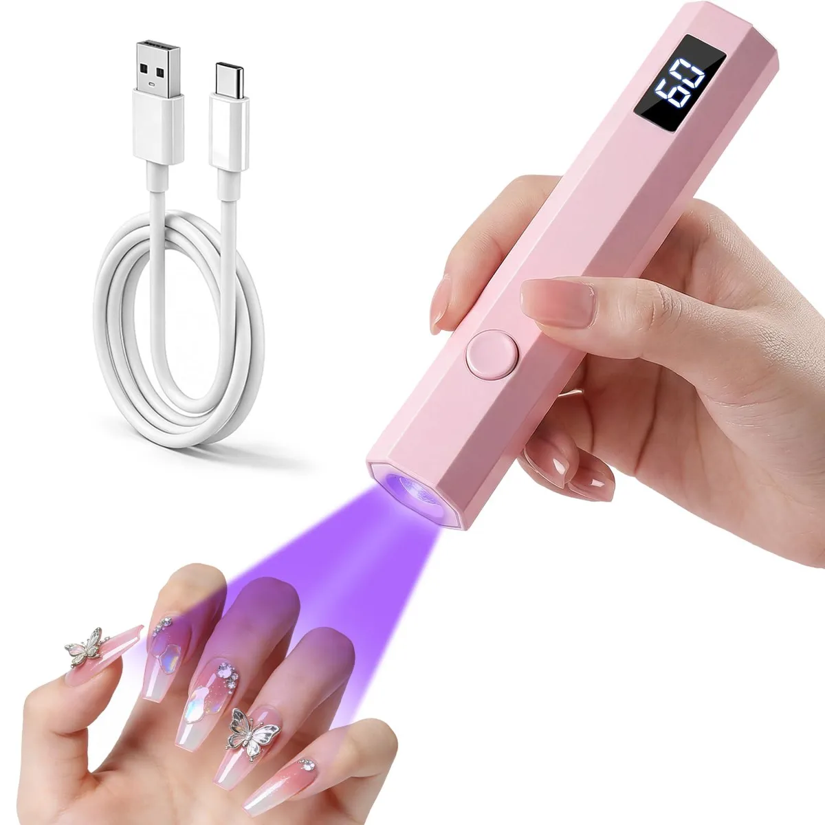 Small pink handheld LED nail lamp with hexagonal grip and digital timer display