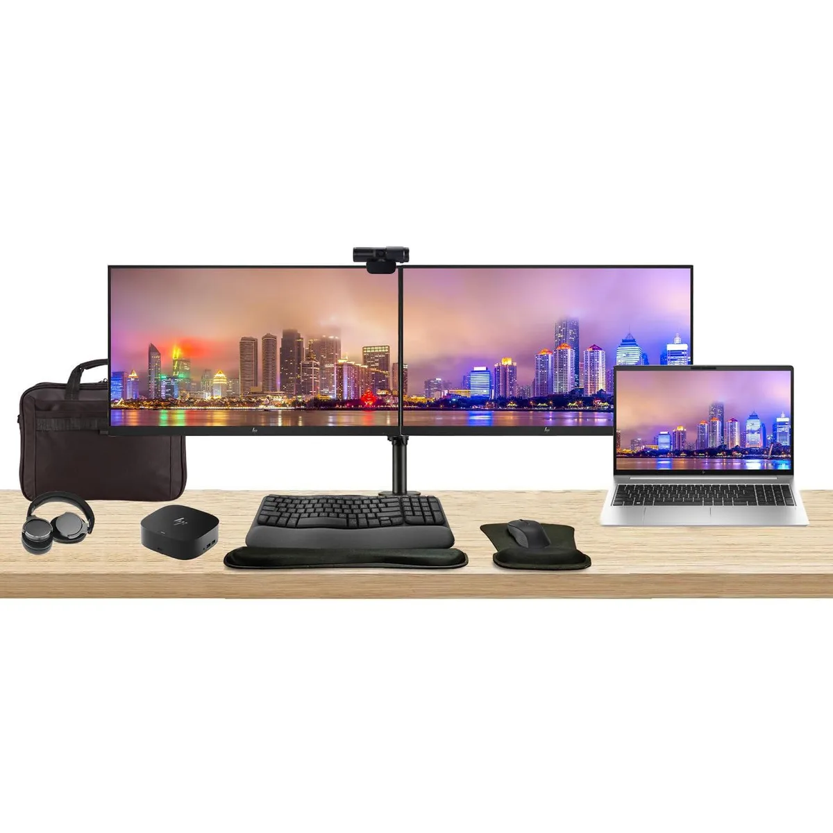 HP HP ProBook 450 G10 i7-1355U 16GB 512GB bundle dual 24 monitors dock webcam headphones keyboard mouse bag — product photo