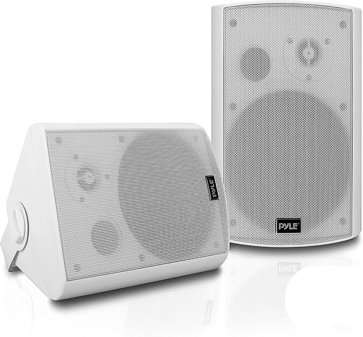 White wall-mount stereo speaker pair with weatherproof grilles