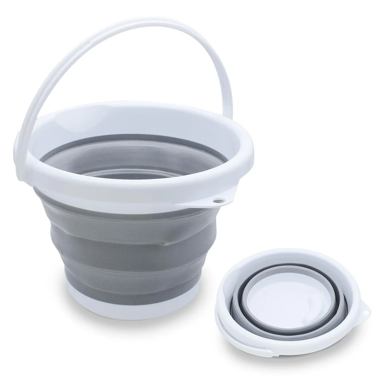 Gray collapsible laundry tub with handle, folded flat