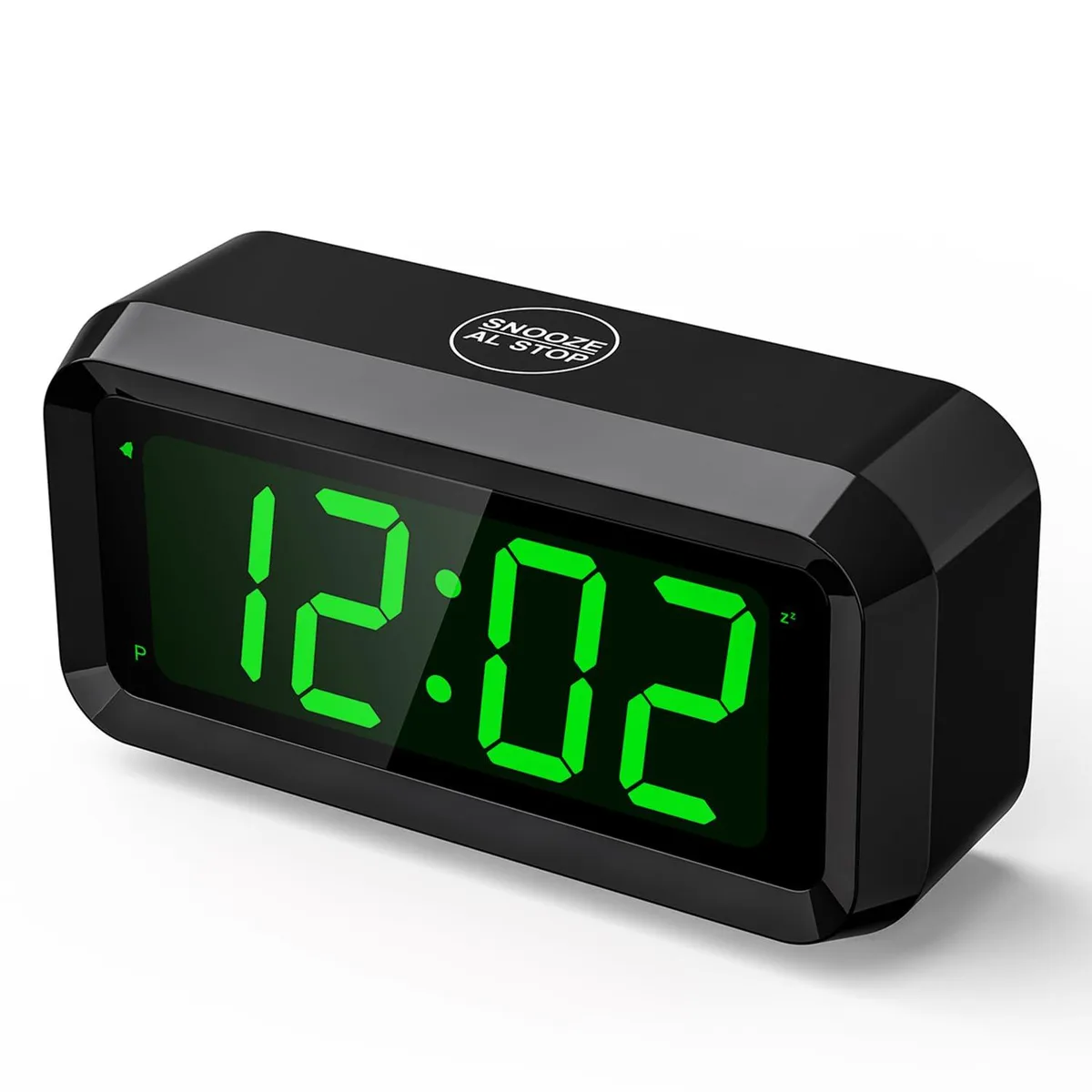 Compact black digital clock with green LED display and top snooze button
