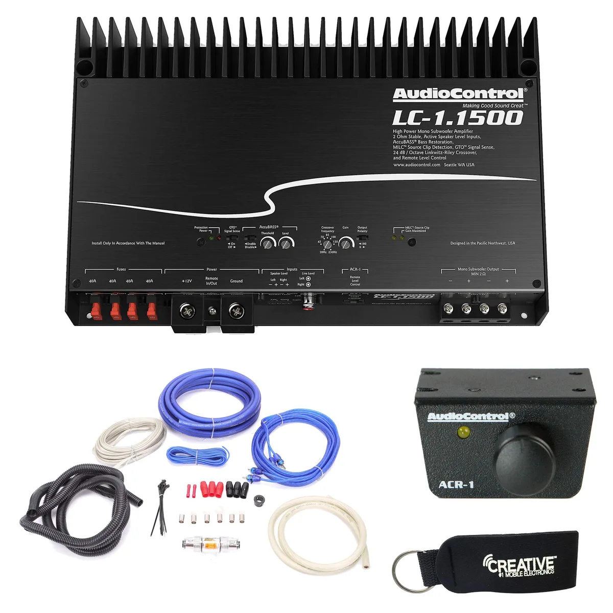 Audiocontrol Audiocontrol LC-1.1500 car amplifier with ACR-1 remote and wiring kit — product photo