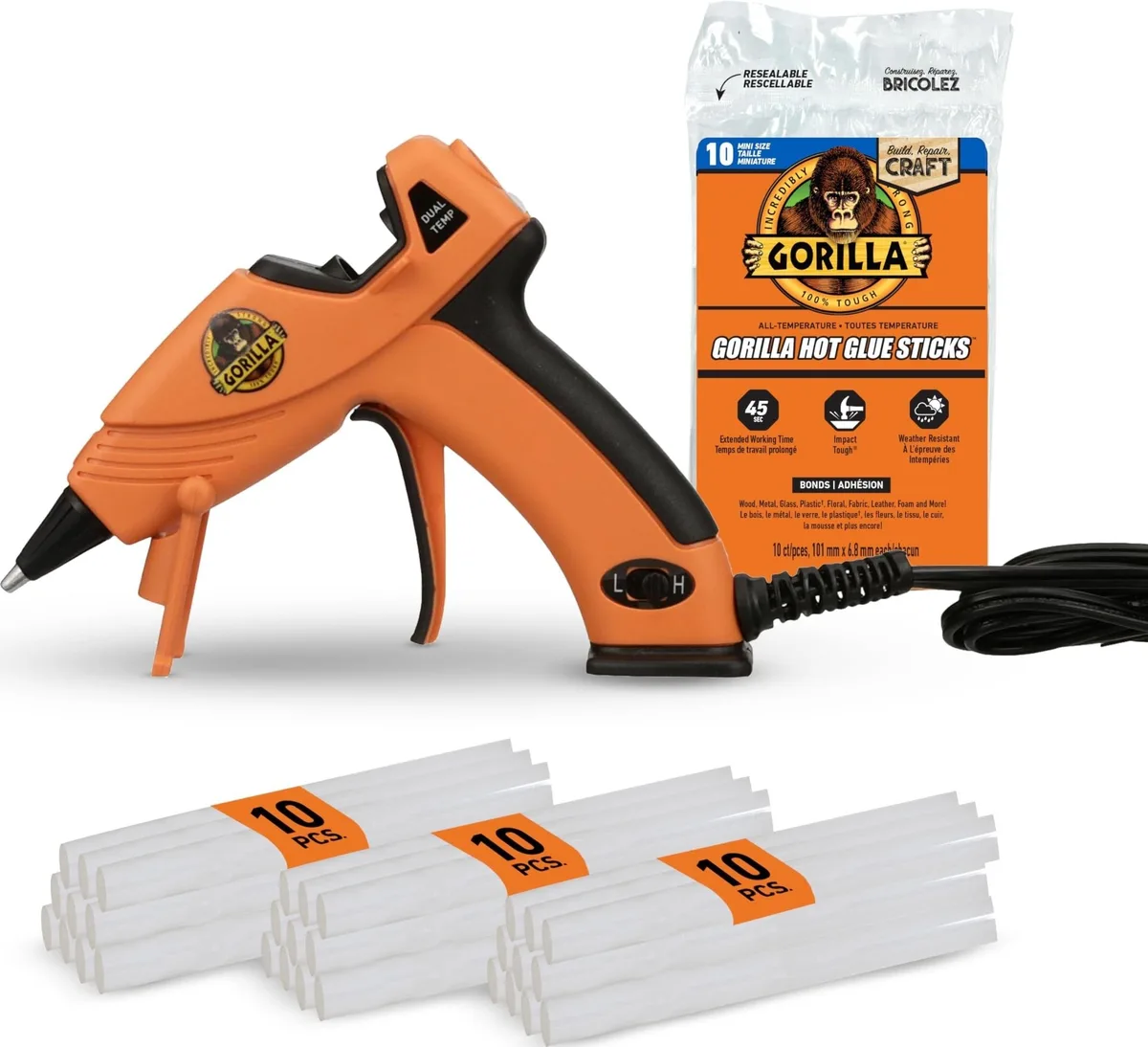 Orange mini dual-temp hot glue gun with 30 sticks