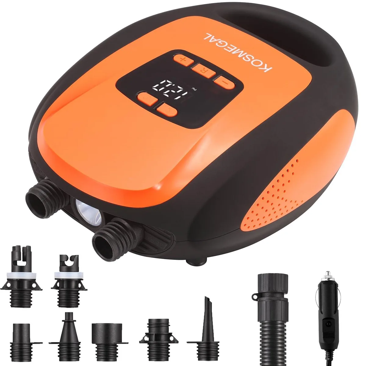 Rectangular black plastic electric pump with LCD screen, hose, and carry bag