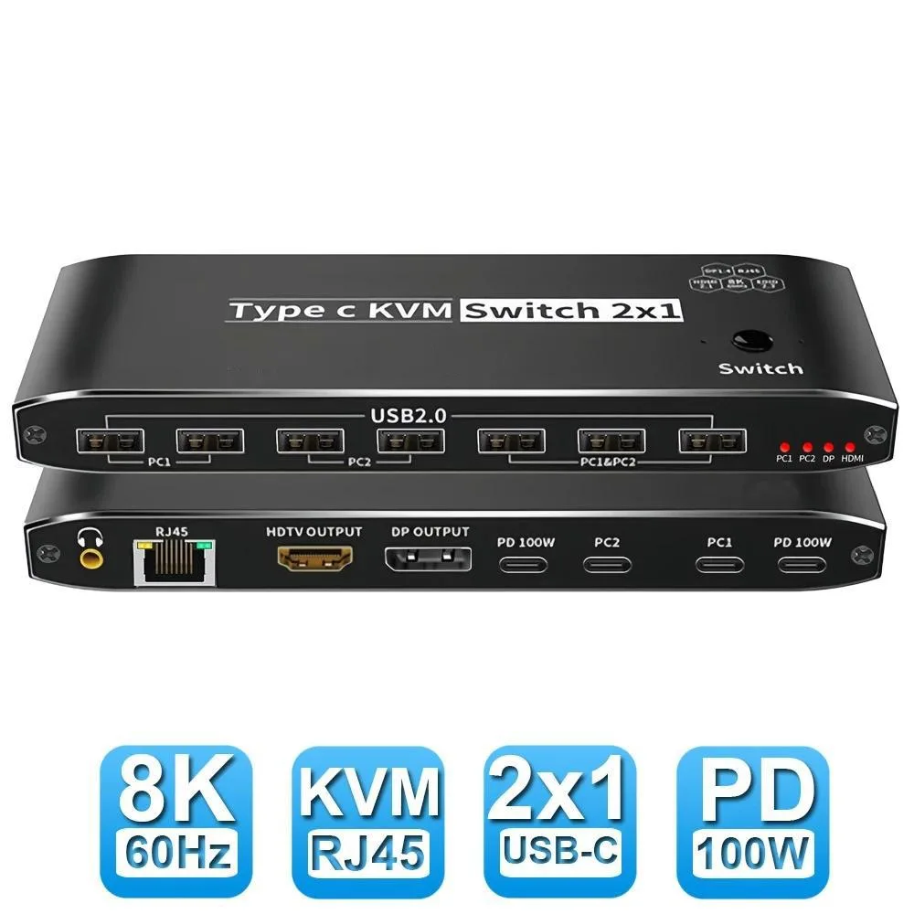 LUOM LUOM OZK8 2-Port 8K USB-C KVM Switch 100W PD 7 USB 2.0 RJ45 Audio — product photo