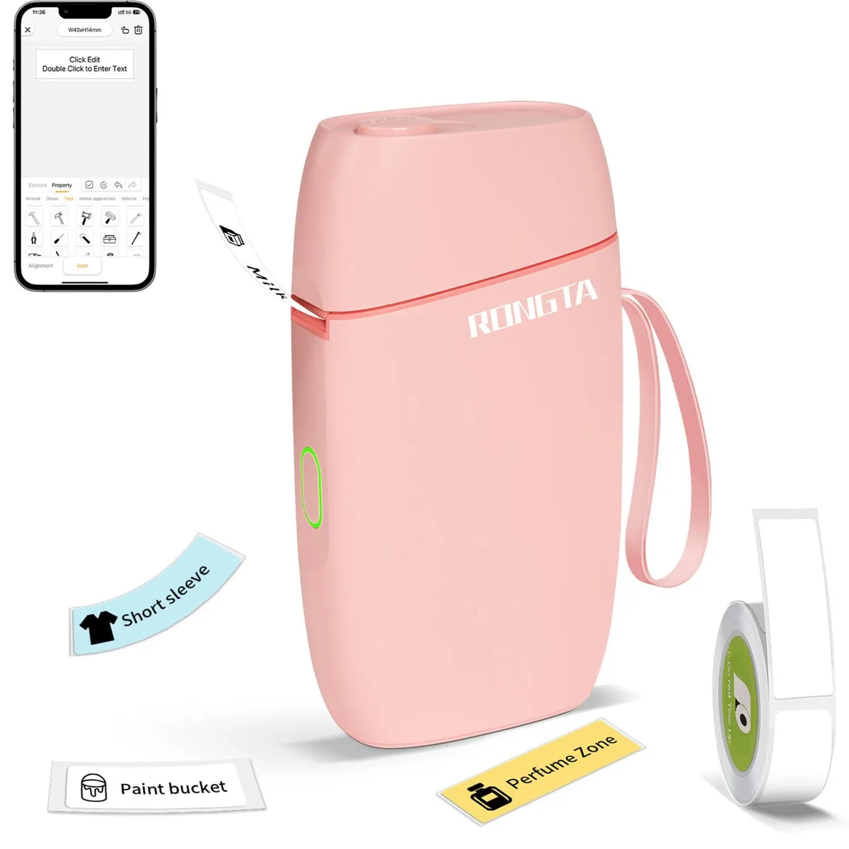 Pink pocket-sized thermal label printer with Bluetooth, 12 mm tape roll included