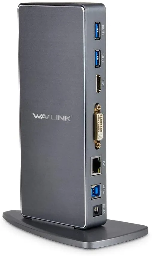 Compact rectangular docking station in matte black with multiple ports visible on front and rear