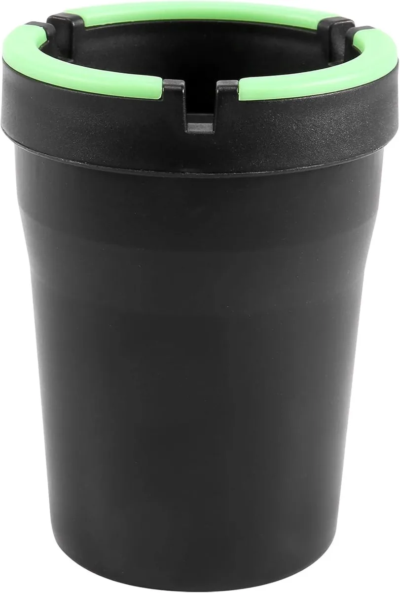 Black plastic cup ashtray with glow-in-the-dark rim, 4.5 inches tall