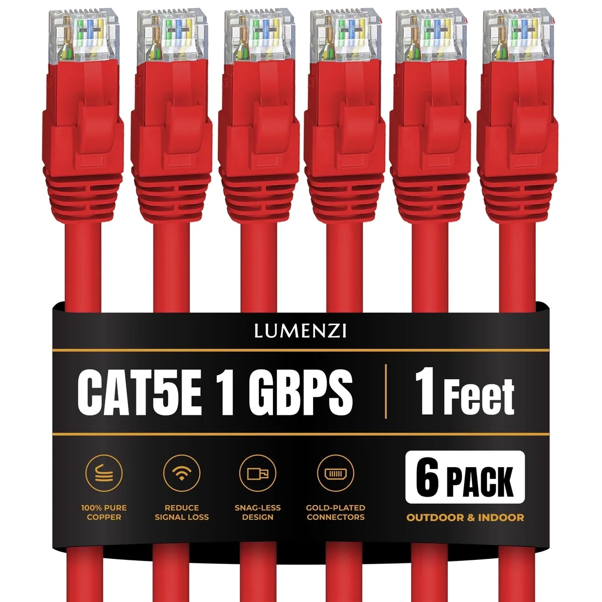 Lumenzi Lumenzi Cat 5e Ethernet Cable 1 FT Red 6 Pack network ethernet cable — product photo