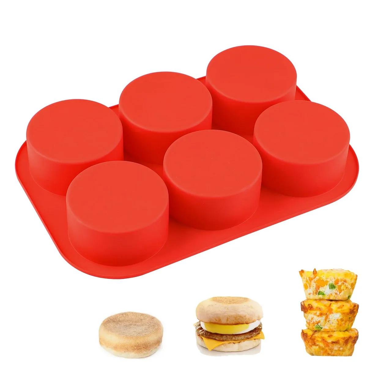 Red silicone tray with six deep round cavities 10 x 7.28 x 1.5 inches