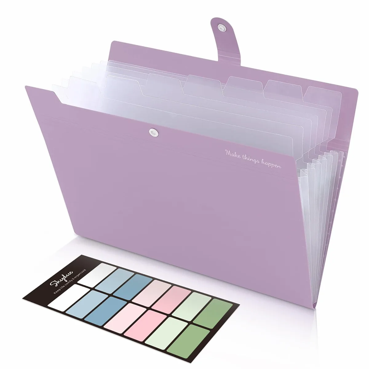 Purple polypropylene accordion file folder with eight pockets and snap closure