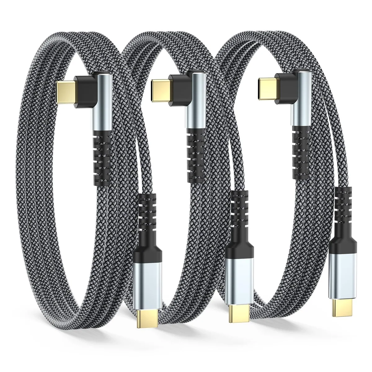 Three black braided USB-C cables with right-angle connectors coiled together
