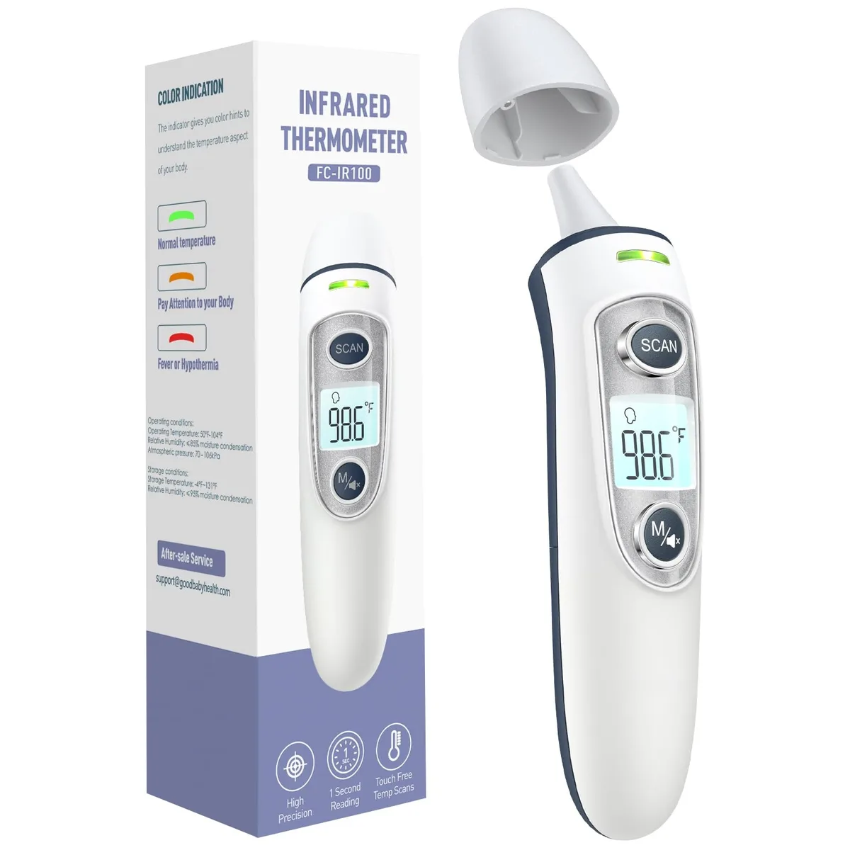 Grey infrared thermometer with LED display and probe tip