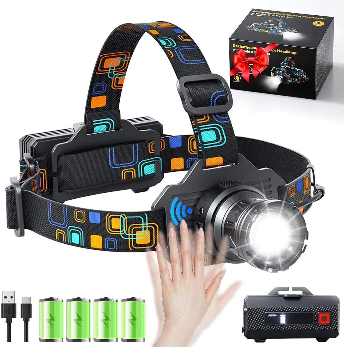 Granvela rechargeable headlamp white red light 90° adjustable motion sensor 6 modes