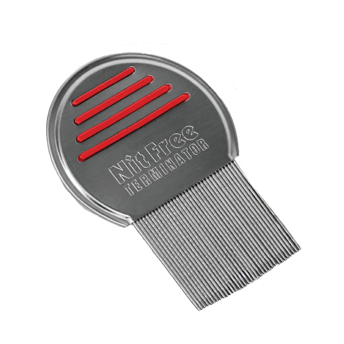 Stainless steel lice comb with fine spiral-grooved teeth and anti-slip handle