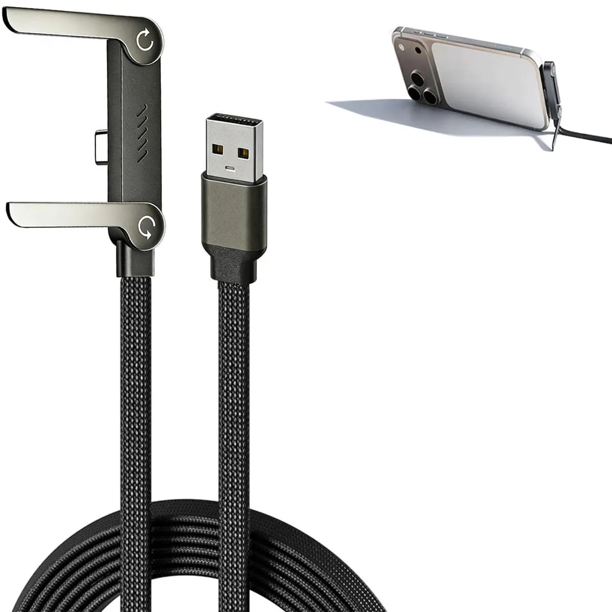 Orange braided USB-C cable with foldable stand attached
