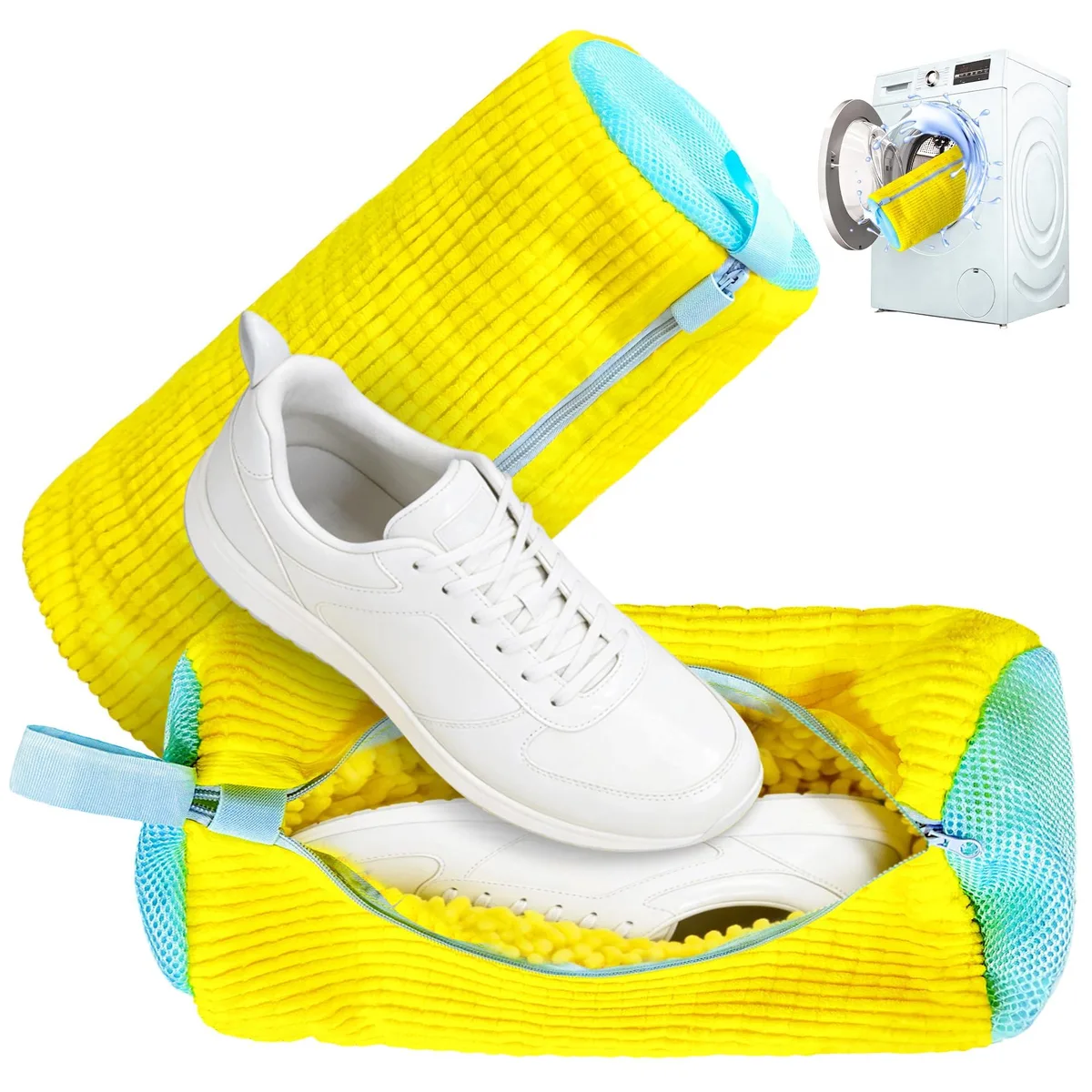 Two beige shoe laundry bags with zipper closures and chenille interior