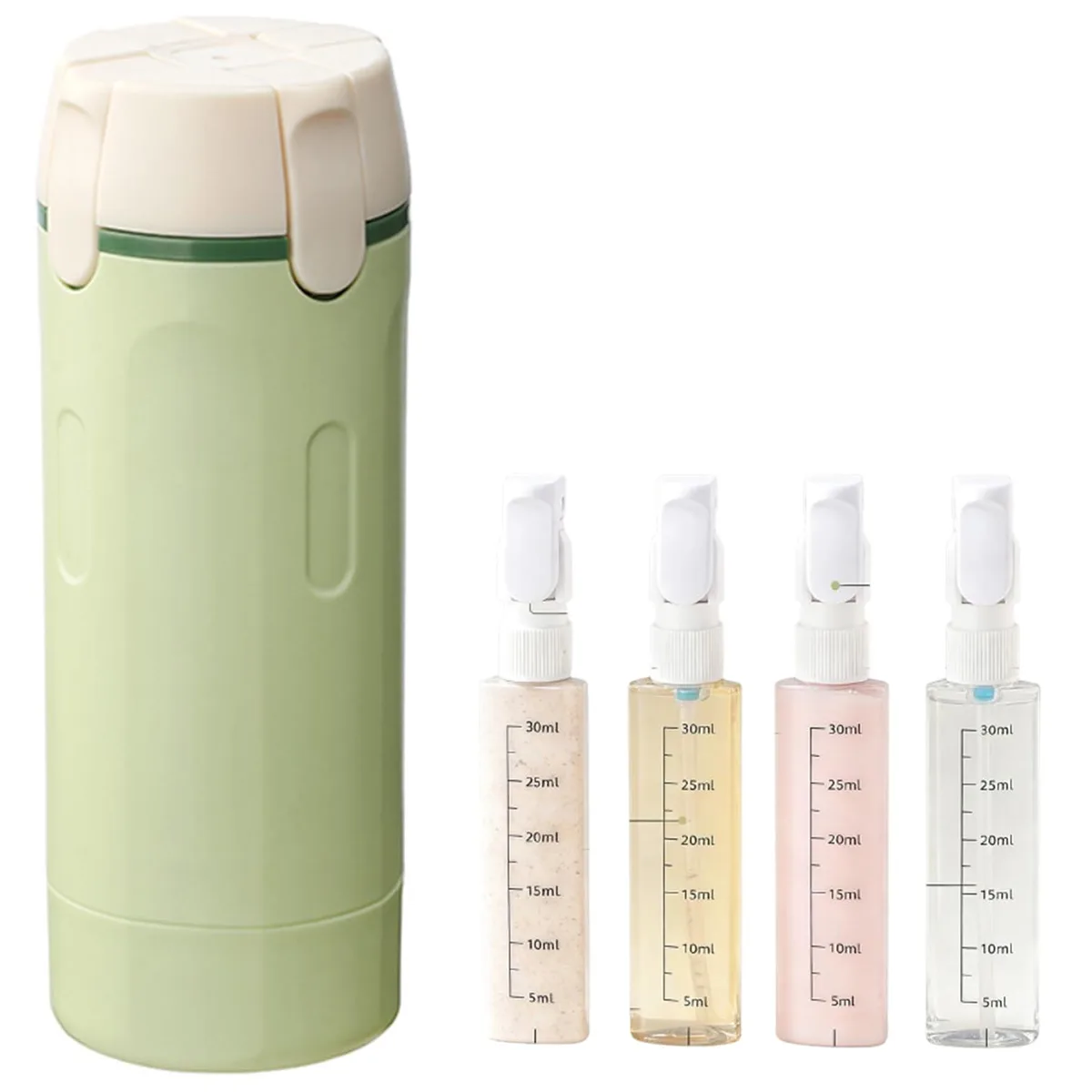 Four white 30ml travel bottles with foldable pumps in a compact case