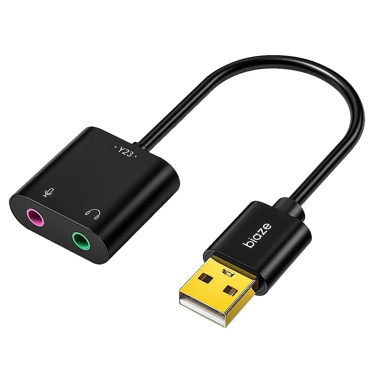 Small black USB audio adapter with 3.5mm headphone and microphone jacks