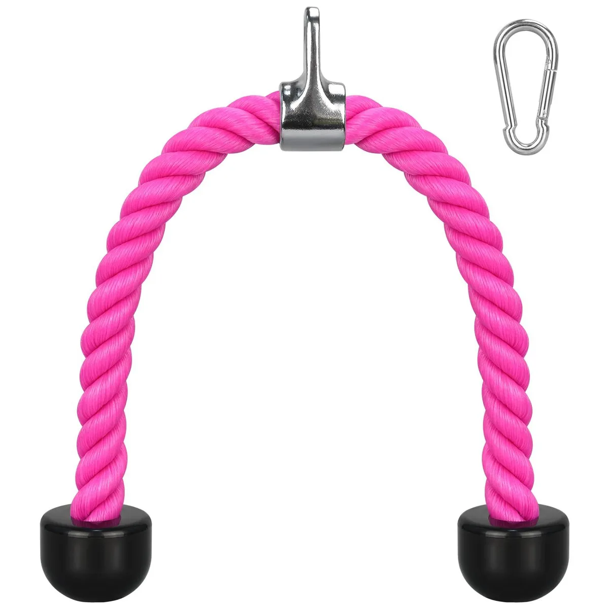 Pink braided nylon tricep rope, 27 inches long with black rubber ends and a steel carabiner clip