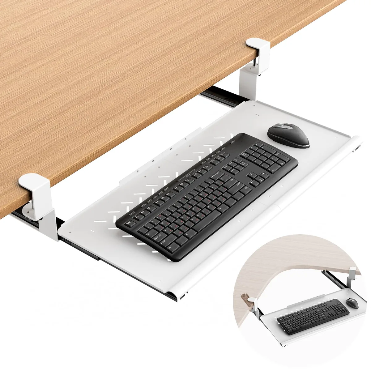 White metal keyboard tray on sliding rails with double C-clamps, 26 by 13 inches
