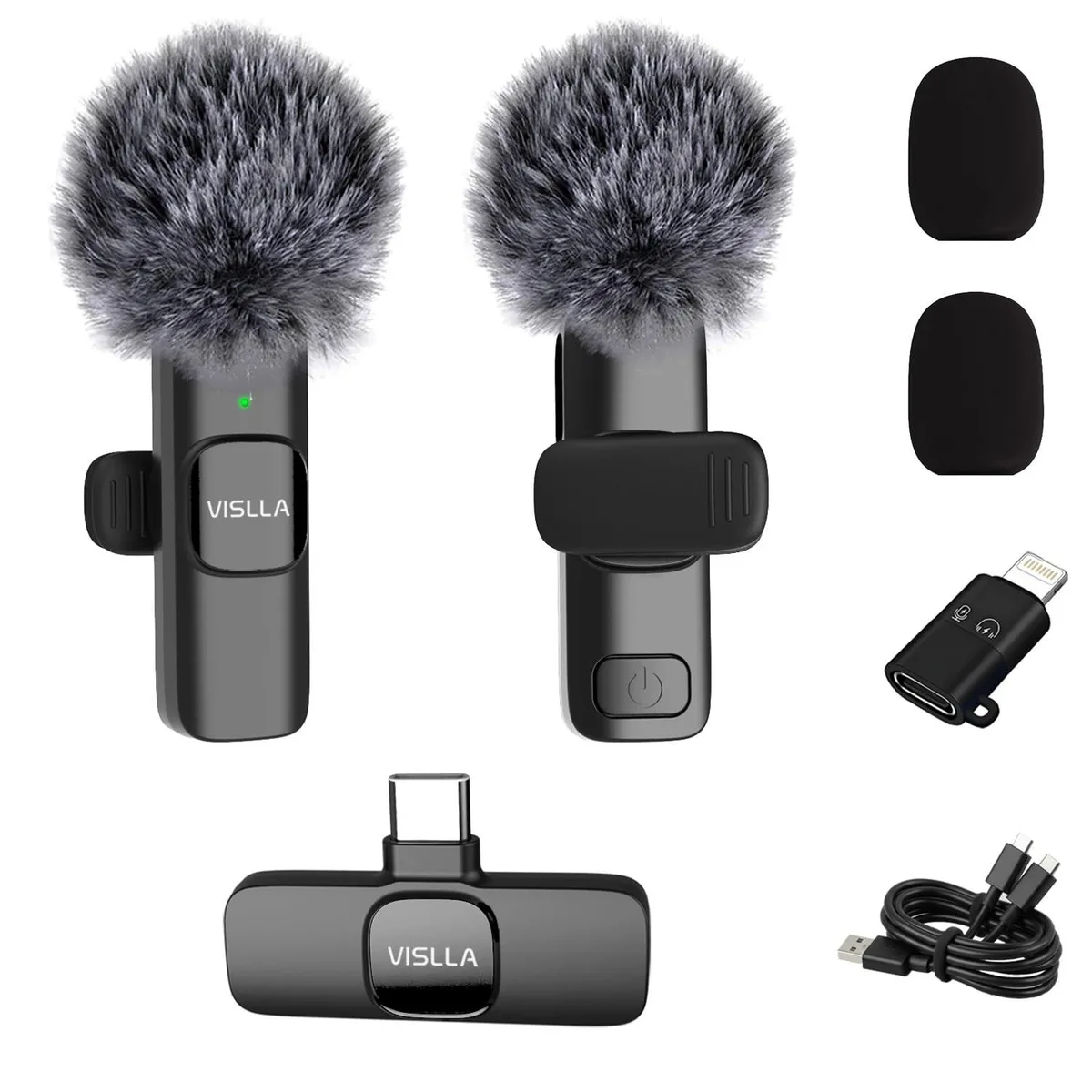 Tiny black clip-on microphone with USB-C receiver and windscreen