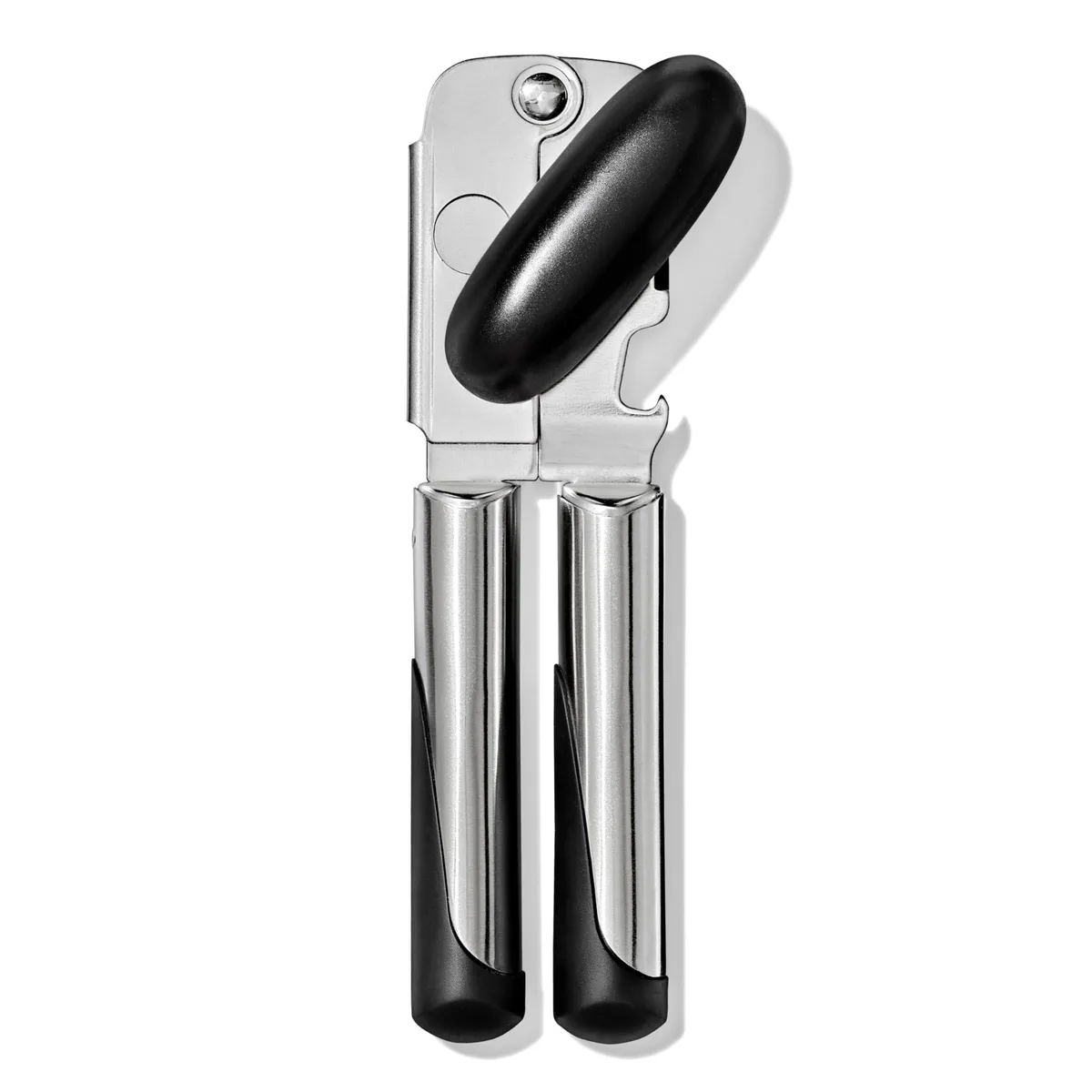 Stainless steel manual can opener with cushioned handles and oversized knob