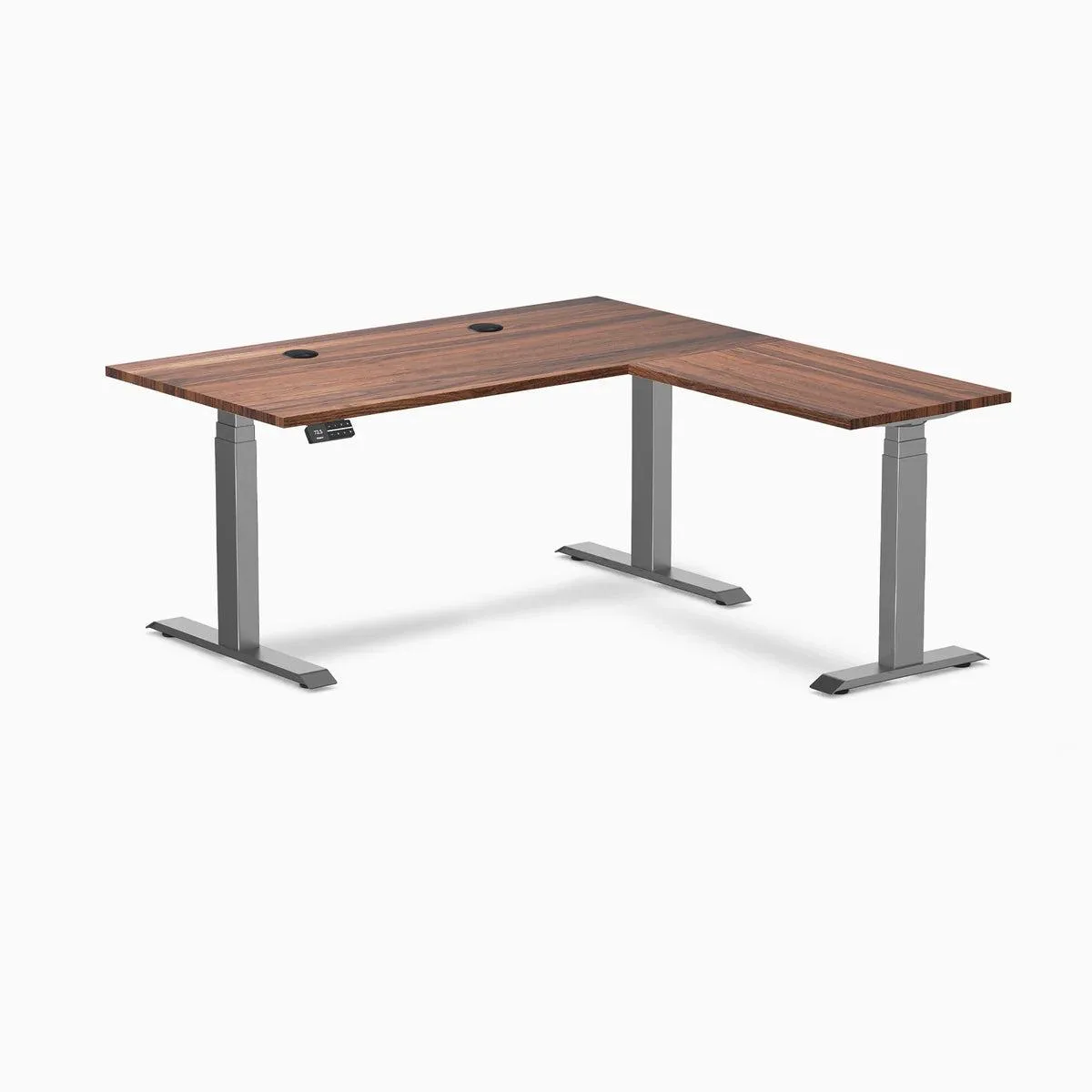 Desky Desky Hardwood L-Shape Sit Stand Desk Walnut Space Gray 60 x 30 x 62 x 20 in with Grommets — product photo