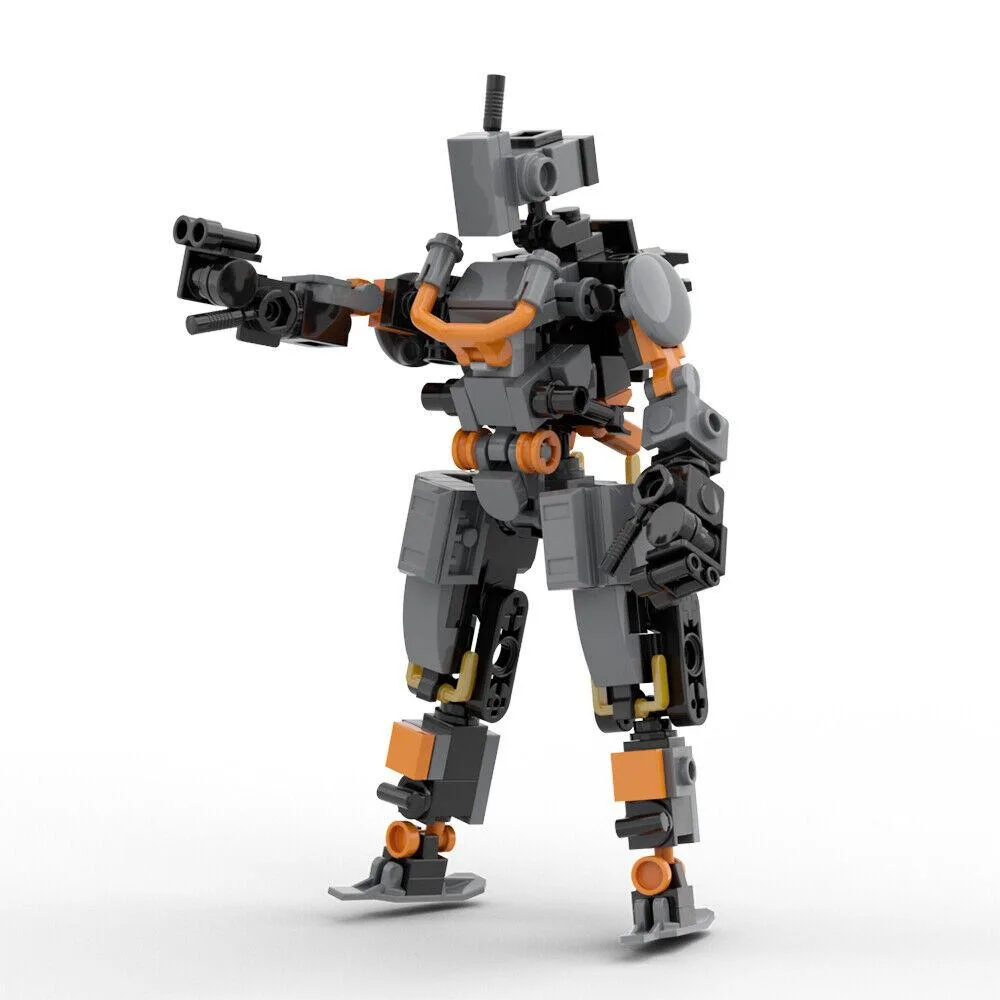 A boxed set of 162 multi-coloured plastic building bricks forming a mini robot warrior