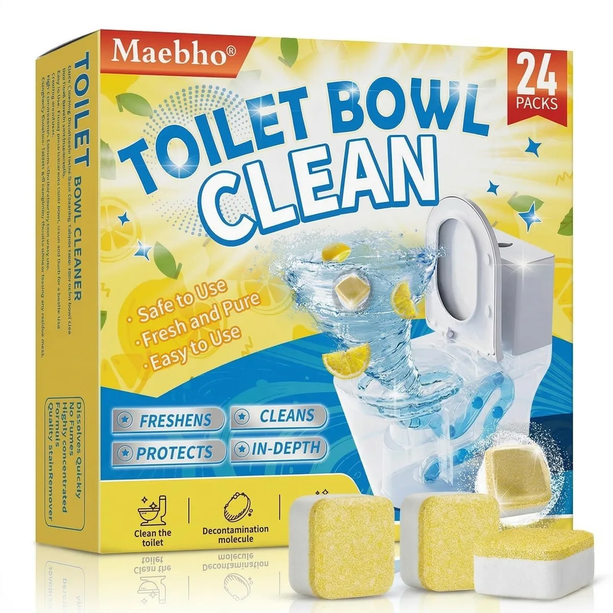 Blue jar containing 24 lemon-scented toilet cleaning tablets