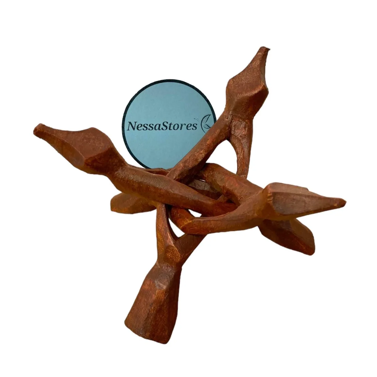 Hand-carved wooden tripod stand, natural finish, three legs, holds sphere or shell