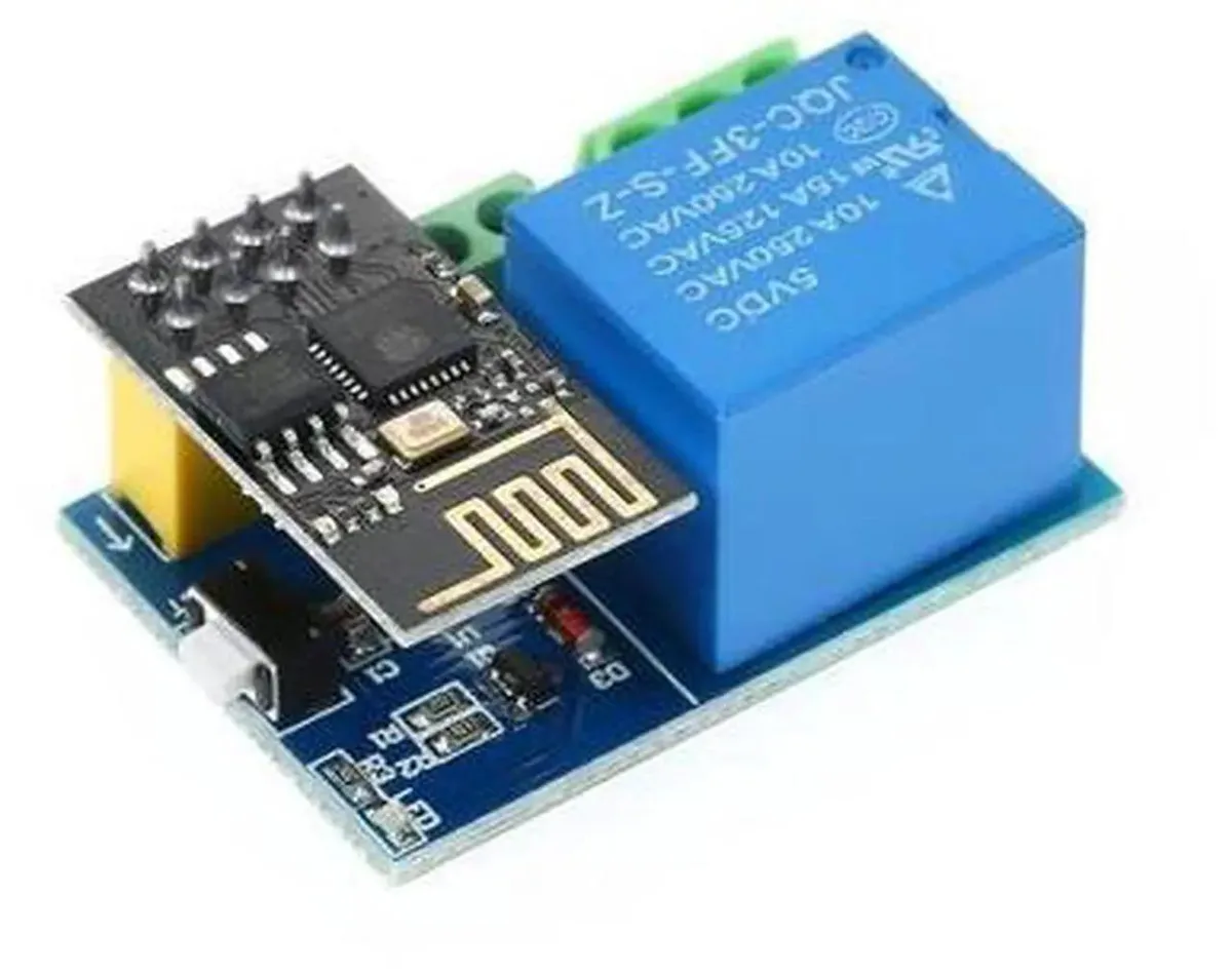 Small green circuit board with black relay and silver ESP-01S module