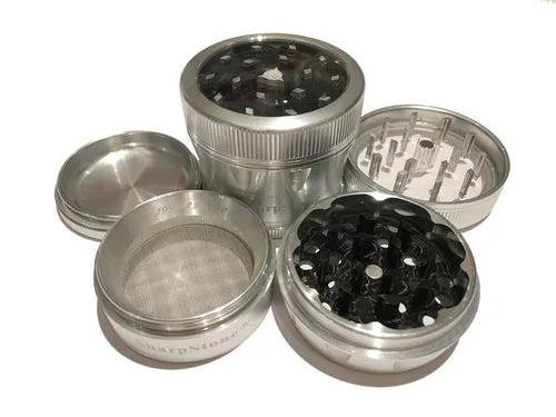 Silver four-piece herb grinder with clear top, 2.2 inch diameter