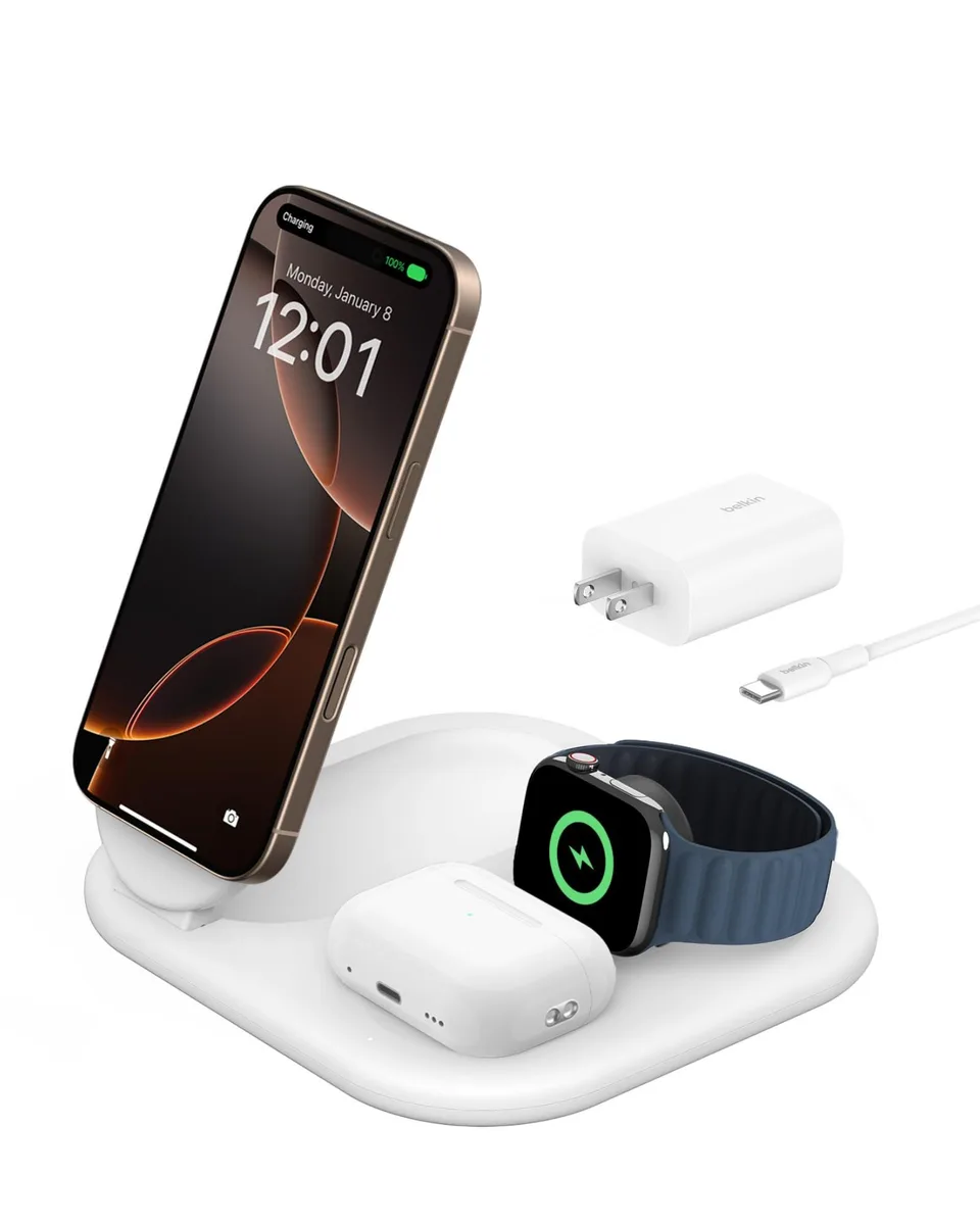 Foldable 3-in-1 wireless charging stand with phone, watch and earbud pads, soft-touch finish, non-slip base