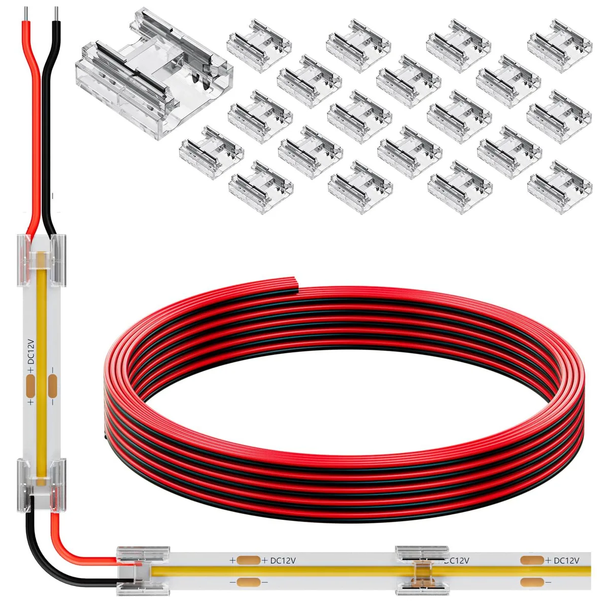 COB 8mm 2 Pin Transparent Connector 20 Pack 6.6FT 20AWG Extension Wires — product photo