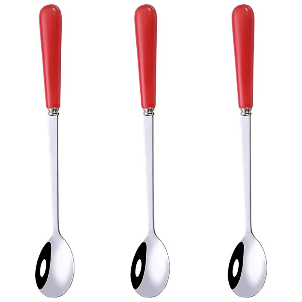 Three red ceramic-handled stainless steel spoons, 6.8 inches long