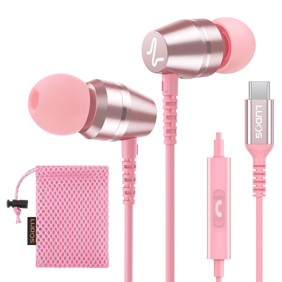 Pink in-ear USB-C headphones with cable and case