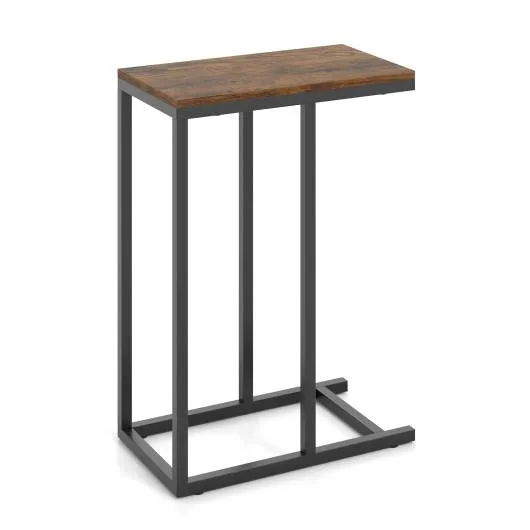 C-shaped side table rustic brown top black metal frame 18 by 10 by 25 inches