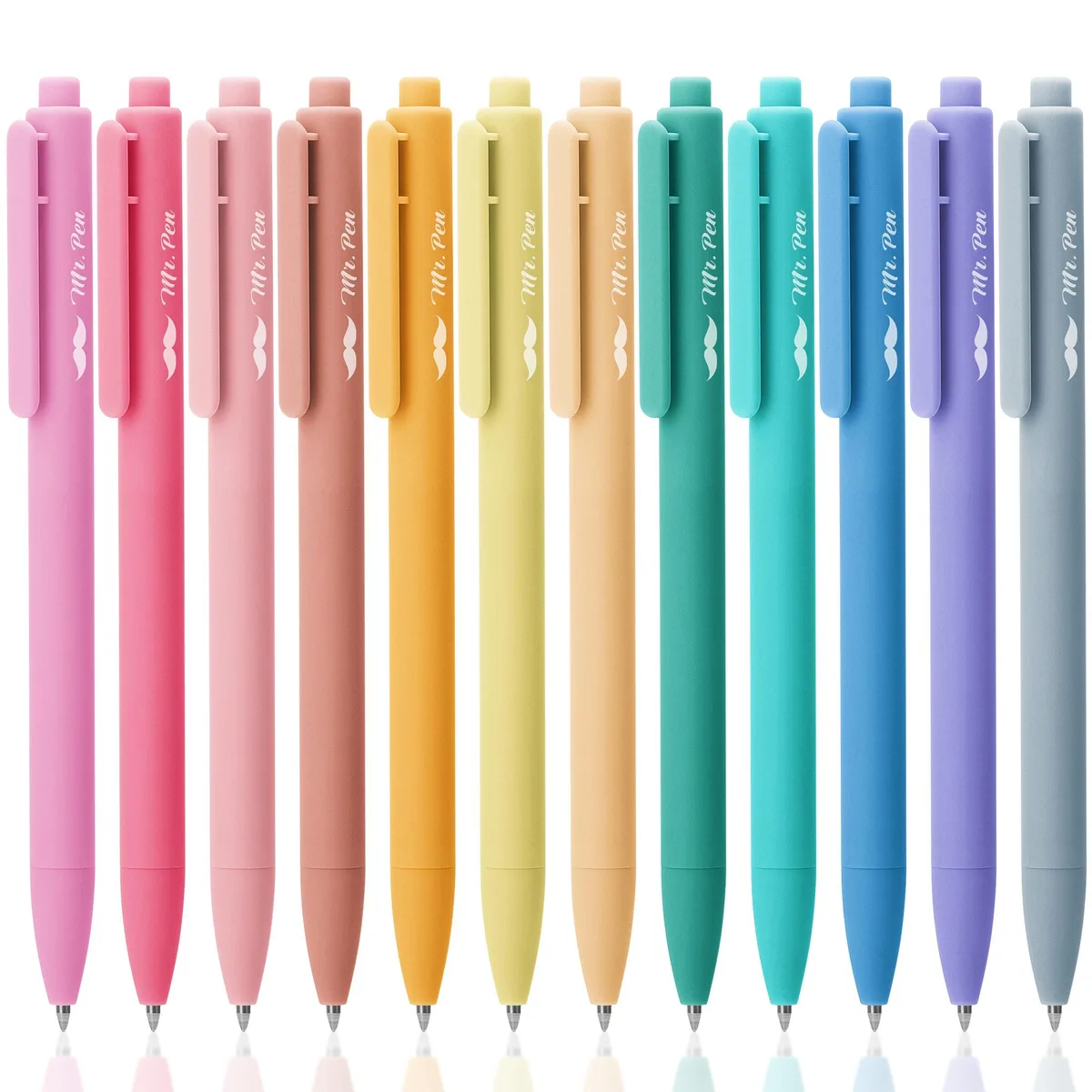 Twelve retractable gel pens in assorted colours, plastic barrels, macaron ink