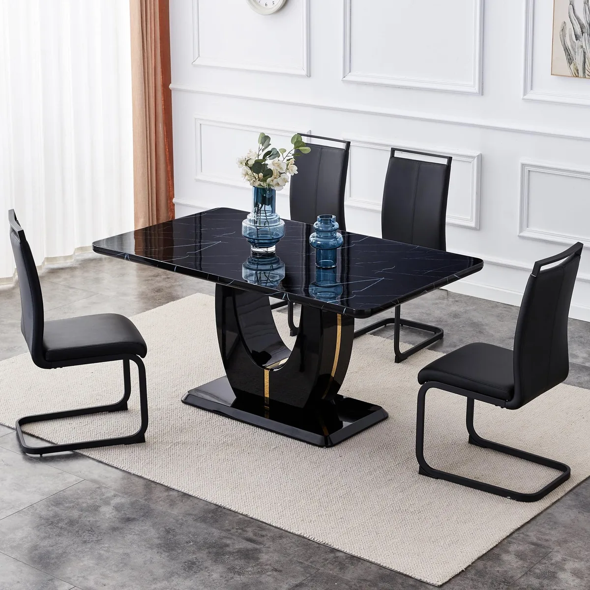 Sumdeal Sumdeal 63" 5-Piece Dining Set Black Faux Marble Table 4 PU Leather Chairs — product photo