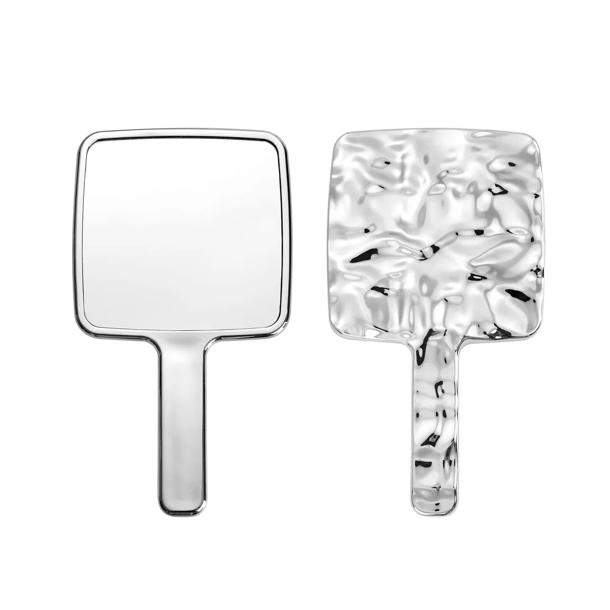 Square hand-held mirror with silver electroplate frame, 9 by 5.1 inches
