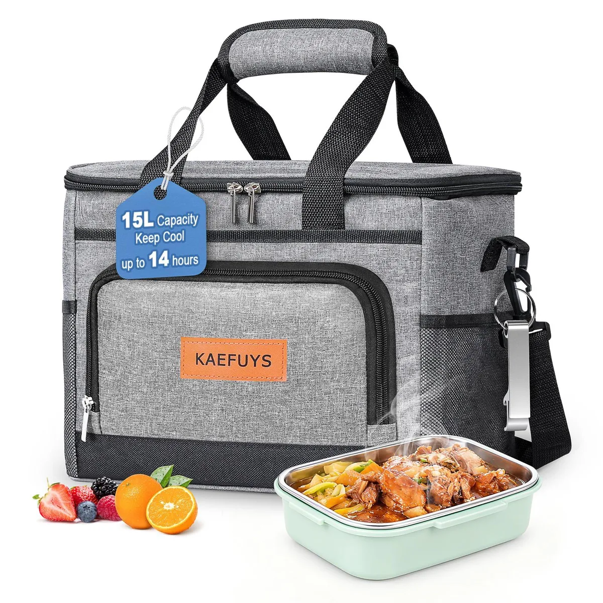Soft-sided 15L insulated cooler bag in 600D Oxford cloth with padded handle and adjustable shoulder strap
