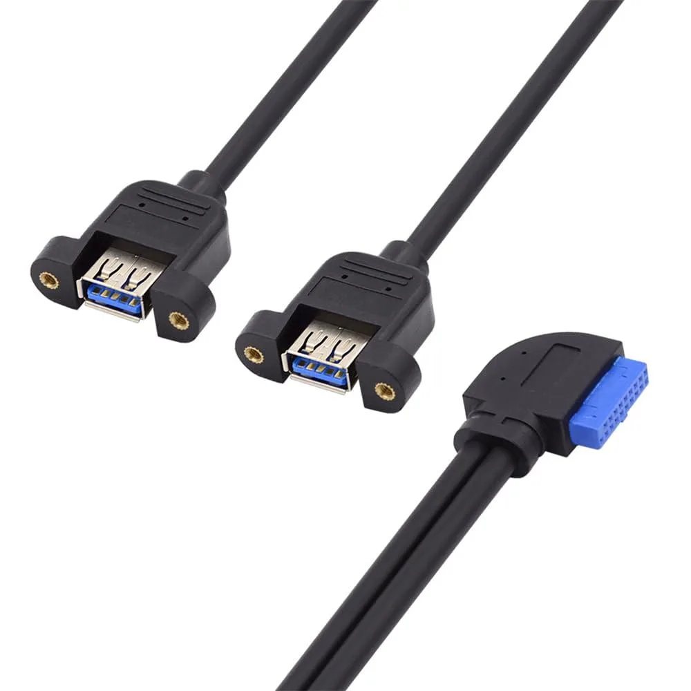 Fervit Fervit 19/20Pin Header to USB 3.0 Dual Ports Female Screw Mount Cable 90 Degree 30cm 5Gbps — product photo