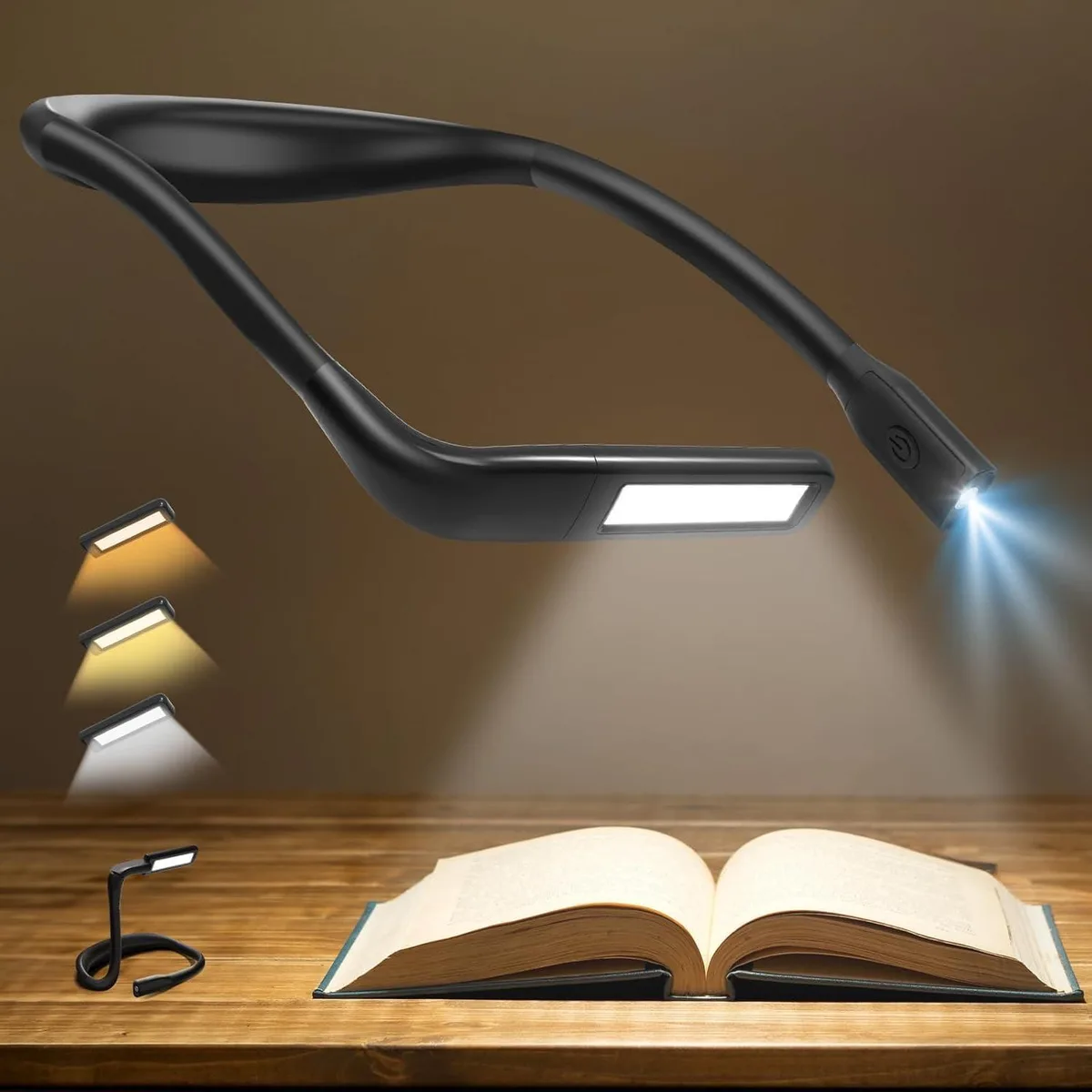 Foldable neck-worn light with two rectangular panels and flexible arms