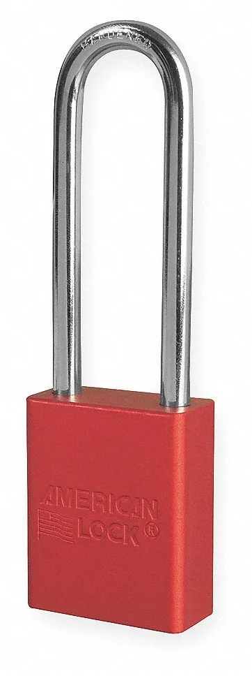Red anodized aluminum lockout padlock with extended boron alloy shackle