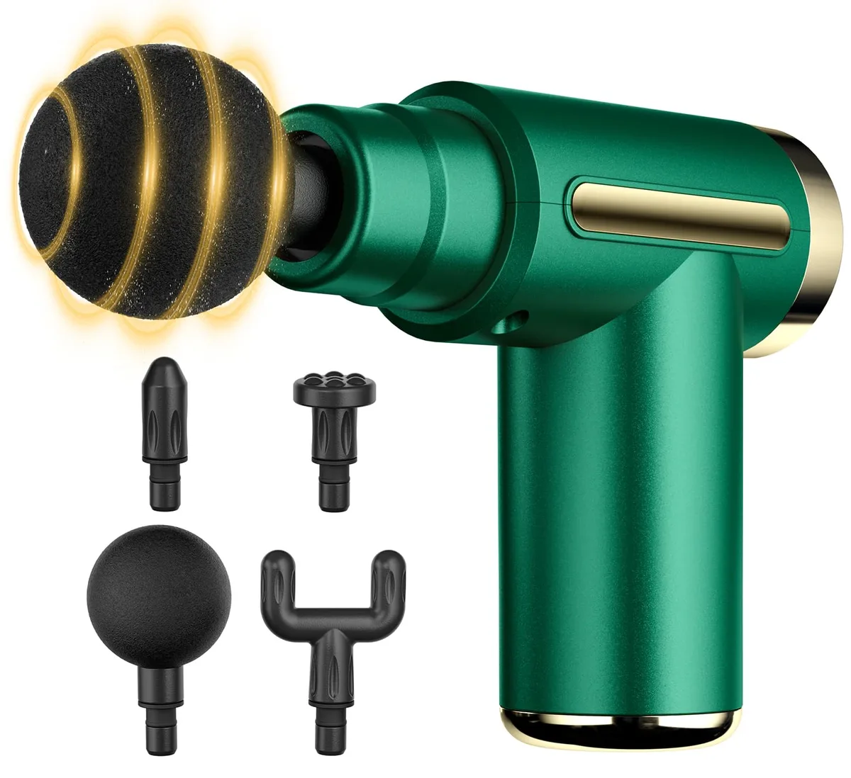 Green handheld massage gun with four attachments and Type-C port
