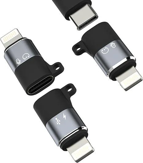 Three black USB-C female to Lightning male adapters with lanyard holes