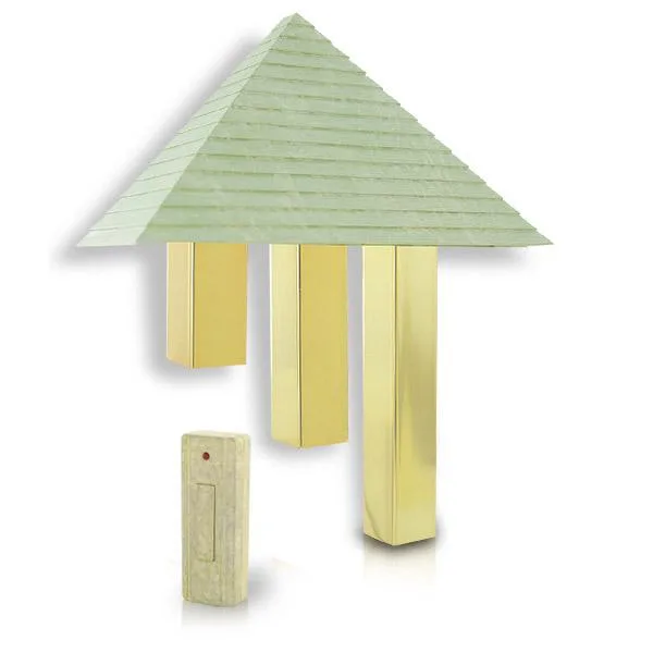 Wireless pyramid door chime in desert stone with amber brass tubes and matching push button
